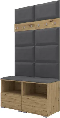 Obrázek produktu pro Šatní sestava Nela III, čalouněná šatní skříň se dvěma botníky, nástěnné panely a věšáky (barva: dub Artisan + Trinity 15 (tmavě šedá))