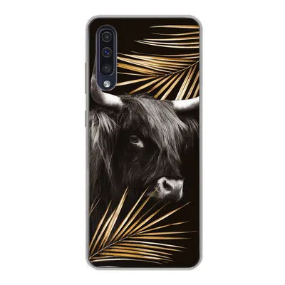 Produktbild von MuchoWow® Handyhülle Schutzhülle Hülle für Samsung Galaxy A30s Schottischer Highlander - Blätter - Gold Silikon Softcase Handy Hülle - Karteninhaber