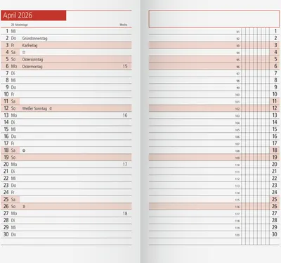 A two-page spread of a calendar for April 2026, showing daily entries and week numbers.