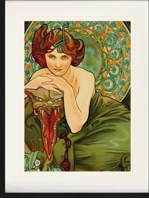 Obrázok produktu pre Alfons Mucha Zarámovaný obraz s jemným paspartou | Obrazy na stenu | V ráme - Drahokamy, Smaragd 1900 (80 x 60 cm)