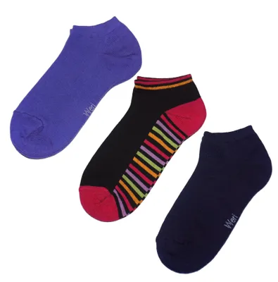 Produktbild von Kinder Sneaker Socken 3-er Pack aus Baumwolle Bunt Schwarz und Lila Größe 23-26