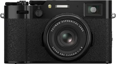 A front view of a black Fujifilm X100VI compact camera against a white background.
