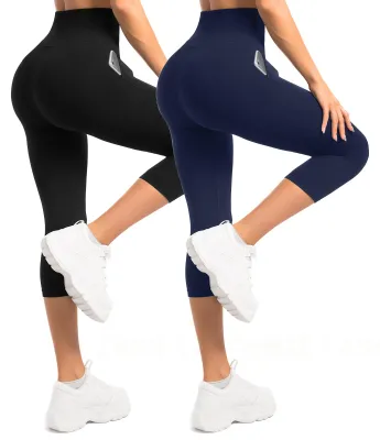 Produktbild von 3/4 Leggings Damen mit Taschen, 2er-Pack, hohe Taille, weich, dehnbar, für Workouts