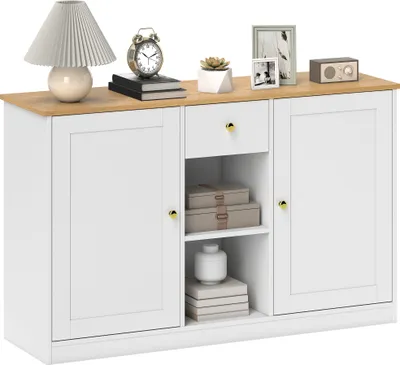 Zdjęcie produktu dla Komoda HOMCOM z szufladami, 2 drzwiami, 2 otwartymi półkami, szafka kuchenna, szafka boczna do kuchni i salonu, 120 x 35 x 75,2 cm, biała