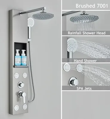 A shower panel system with multiple shower heads and controls, shown in a collage with close-ups of its features.