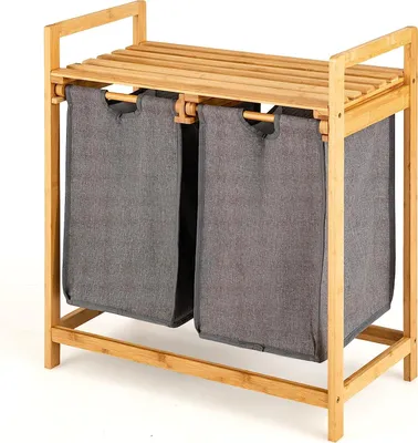 Produktbild von GOPLUS Wäschekorb 2 Fächer, Bambus Wäschesammler mit Ablage, Wäschebox Wäschesack Wäschesortierer ausziehbar und abnehmbar, 64 x 33 x 73 cm, Natur