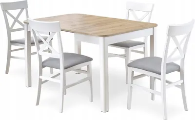 Produktbild von Esstisch mit 4 Stühlen - Quadratischer Ausziehbarer Tisch - 90-130 Lange - Aus Holz - 5-teiliges Set - Essgruppe - Sitzgruppe - Weiße Stühle