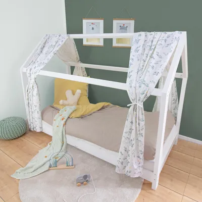 Produktbild von Puckdaddy Hausbett Vorhang Flora 146x298cm 2er Set Stoffhimmel mit Zweig Muster in Grün