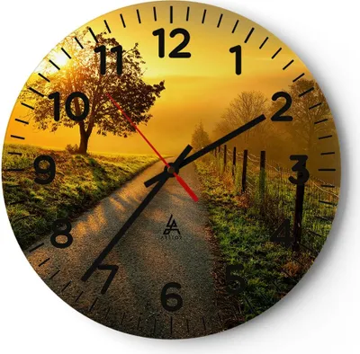 Produktbild von Wanduhr - Rund - Glasuhr - Feld Straße Baum - 30x30cm - Schleichendes Uhrwerk - Lautlos - zum Aufhängen bereit - Dekoration Modern - Wanddekoration aus Glas - C4AR30x30-3851