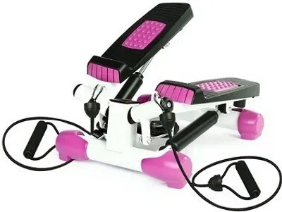 A white and pink twist stepper with black resistance bands and handles, isolated on a white background.