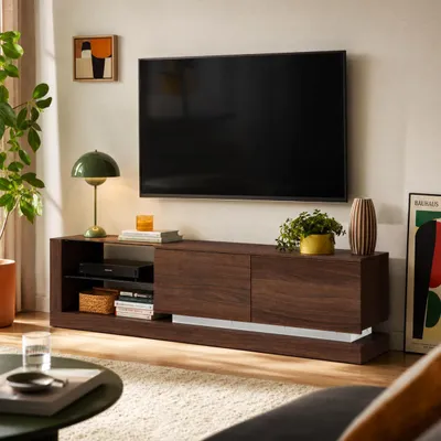 Produktbild von TV Lowboard 160cm Nussbaum mit 3-farbiger LED unter den Schubladen, Fernsehtisch mit 2 schwarzen Glasablagen & 2 Schubladen, Moderner Fernsehschrank