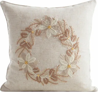 Image de EUROFIRANY | Housse de coussin de Noël - Taie d'oreiller - 45 x 45 cm - Beige - Couronne de Noël - Taie de coussin décoratif de Noël - Structure 3D