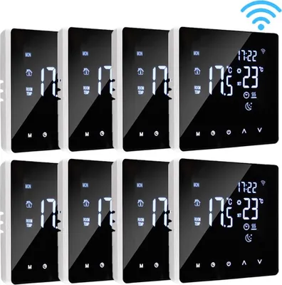 A grid of smart thermostats displayed on a white background.