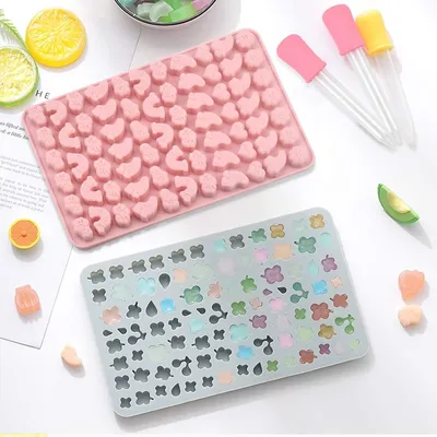 Produktbild von Allecto Premium - Gummibärchen- und Schokoladen-Silikonformen-Set - 4 Formen - Inklusive 2 Pipetten - Für Gelee, Süßigkeiten, Schokolade - Bohnenform