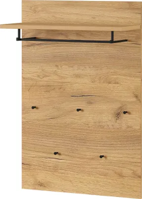 A wooden panel with a shelf and hooks.