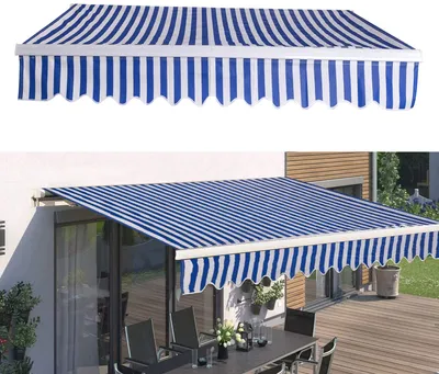 Produktbild von Wolketon manuelle Gelenkarmmarkise, Aluminium Gelenkarm Markise, 3,5 x 3 m, Sonnenschutz UV-bestaendig und wasserfest, mit Handkurbel, fuer Balkon und Veranda, Blau Weiss