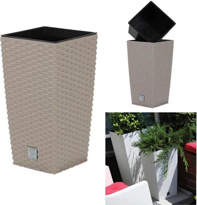 A collage of images showing a tall, square planter with a woven texture, an inner pot, and a lifestyle shot of planters with plants.