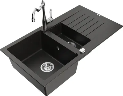Produktbild von Mexen Matias 1,5-Becken-Granitspüle mit Abtropffläche und Mischbatterie Carla, Schwarz/Gold metallisch - 6502-75-670700-00