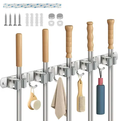 Produktbild von Besenhalterung Wand, Gerätehalter Wandhalterung, Gerätehalter, Edelstahl Besenhalter, 5 Schlitze Und 4 Haken, für Badezimmer Küche Garage