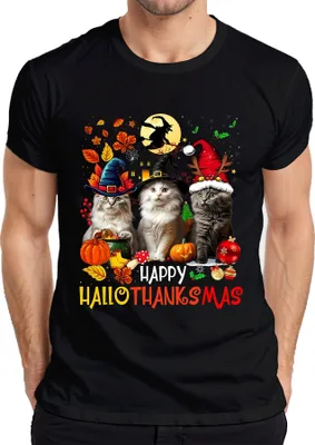 Obrázok produktu pre Happy Hallothanksmas Cats Pumpkin Witch Hat Christmas Gift Pánske tričko, čierna, XXL