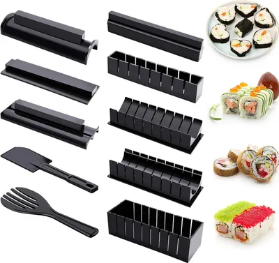 A collection of black plastic sushi-making tools and some finished sushi rolls are displayed against a white background.