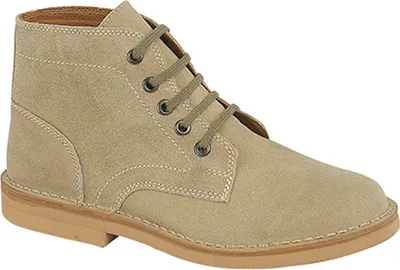 A single beige suede boot is shown against a white background.