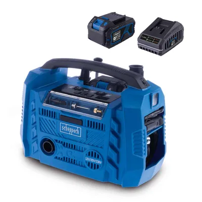 A blue and black Scheppach hybrid compressor is shown against a white background, with two batteries displayed above it.