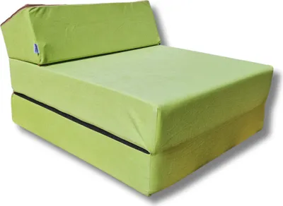 A light green foldable mattress/futon is shown at an angle.