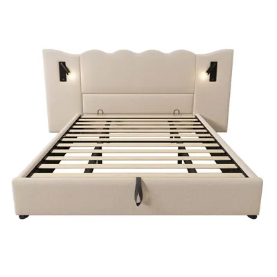 Produktbild von Flieks Hydraulisches Polsterbett 180x200cm mit Ladefunktion und Leselampe, Stauraumbett Doppelbett Boxspringbett mit Lattenrost, Leinen, Beige