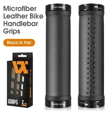Immagine prodotto di Manopole per bicicletta - Manopole per manubrio da mountain bike, 13 cm - Antiscivolo - Ammortizzanti - Ergonomiche - Alluminio e pelle - Pelle nera, modello 065