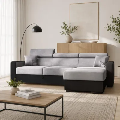 Produktbild von GOLDSTOFF DIWIA Ecksofa 202 x 130 cm mit Schlaffunktion & Bettkasten – Schlafsofa L-Form mit Kopfstützen Stauraum (hellgrau+schwarz)