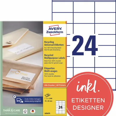 Produktbild von Avery Zweckform LR3475, Recycling Universal-Etiketten, A4, 70 x 36 mm, 2.400 Etiketten / 100 Bögen, naturweiß