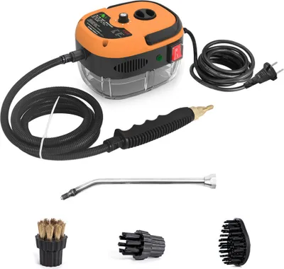 Zdjęcie produktu dla przenośna ręczna myjka parowa o mocy 2500 W - wysokociśnieniowa myjka parowa z głowicami szczotkowymi do kuchni, mebli, łazienki i samochodu (pomarańczowa)