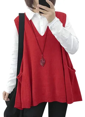 Productafbeelding van Janein dames pullunder, mouwloos, V-hals, gebreide vest, oversized gebreide vest