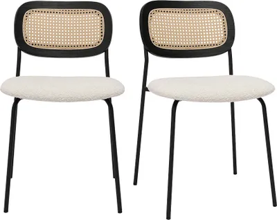 Produktbild von Miliboo - Designstühle aus weißem Schlingenwollstoff, schwarzem Metall und Rattanflechtwerk (Set von 2) MIRANDA