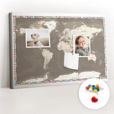 Immagine prodotto di Lavagna in sughero con puntine - Pannello con puntine per foto e appunti - 60x40 cm - 100 puntine colorate - Mappa del mondo marrone