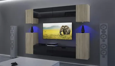Obrázek produktu pro Furnitech Obývací stěna - Nábytek do obývacího pokoje s LED RGB - 16 barev - Moderní závěsná skříňka - Police a TV skříňka (AN43-17SB-HGM40 1B)