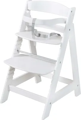 A white wooden high chair with a safety harness and footrest, shown against a white background.
