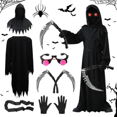 Grim Reaper Kostüm für Halloween für Männer und Frauen mit Maskenset für Fest und Cosplay, 120 cm