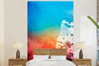 Produktbild von MuchoWow® Fototapete für Wohnzimmer oder Schlafzimmer Wandtapete Vinyl Motivtapete Wasserfarben - Orange - Rot - Blau - 195x300 cm - Das Hintergrundbild