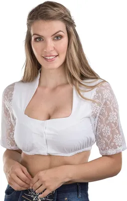 Productafbeelding van Dirndlblouse voor dames in wit met kantwerk, knoopjes en opstaande kraag, maat 52