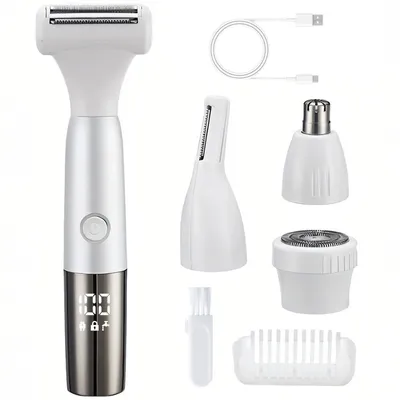 Produktbild von 4-in-1 elektrischer Bikini-Trimmer für Damen,kabelloser Körper- & Gesichtsrasiers, USB-C-Ladung, schmerzfreie Haarentfernung, vielseitiges Pflege-Set