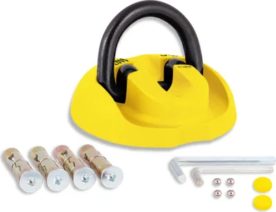 Produktbild von VINZ Everest Wandanker / Bodenanker | ART4 Zertifikat | Bügelstärke Ø14mm | zur Sicherung für Motorrad Moped Fahrrad | auf- und einklappbar Befestigungsanker | mit Befestigungsmaterial (Gelb)