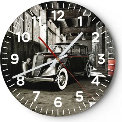 Produktbild von Wanduhr - Rund - Glasuhr - Auto klassisch auto modell - 40x40cm - Schleichendes Uhrwerk - Lautlos - zum Aufhängen bereit - Dekoration Modern - Wanddekoration aus Glas - C4AR40x40-2557