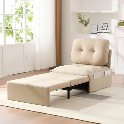 Image de Fauteuil-lit 2-en-1 Merax avec coussin d'assise, canapé-lit avec lit gigogne, fauteuil individuel en lin, lit d'appoint avec structure en bois massif et pieds en métal, beige