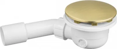 A drain fitting with a brass cap and white plastic pipework, isolated on a white background.