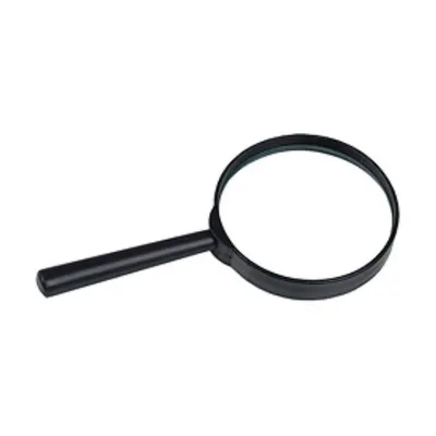 A black-handled magnifying glass with a black rim around the lens is shown against a white background.