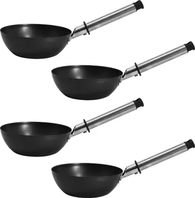Four black woks with silver handles are arranged vertically against a white background.