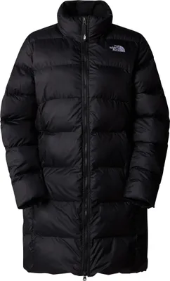 A black puffer jacket with a high collar, zipped up the front, and a small logo on the upper left chest.