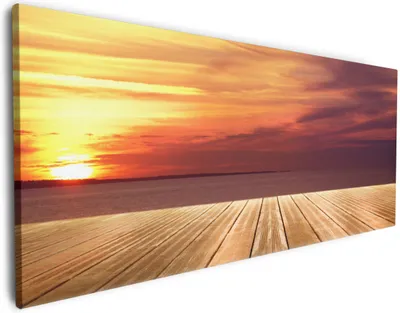 Produktbild von Wallario Premium Leinwandbild Steg am See - Sonnenuntergang und roter Himmel in Größe 80 x 200 cm